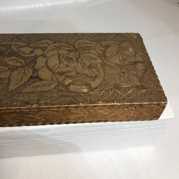 Wooden Trinket Scarf Box Vintage Hand Carved Floral Design Wood Burning Rustic - Picture 11 of 16